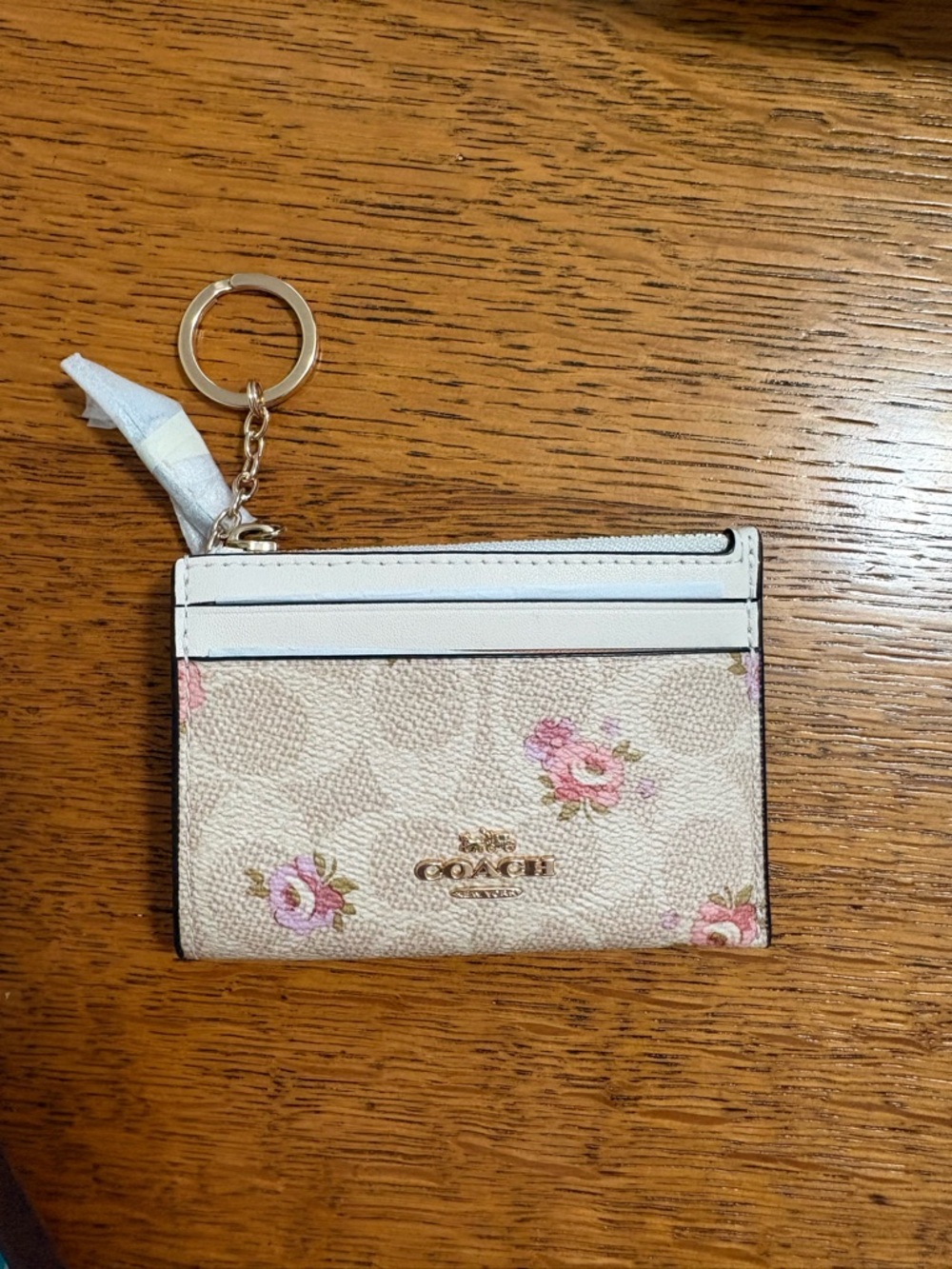 Coach Cream Floral Card Case Keyring with Gold Logo